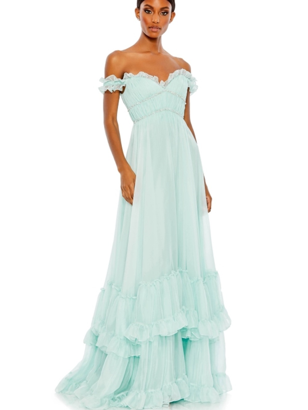 Mac Duggal 68086 Mint Off-Shoulder Ruffled Chiffon Gown
